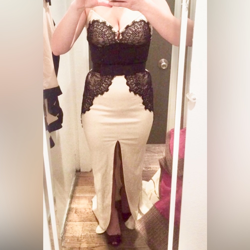 Unique Designer Silk Cream and Black Lace Dress